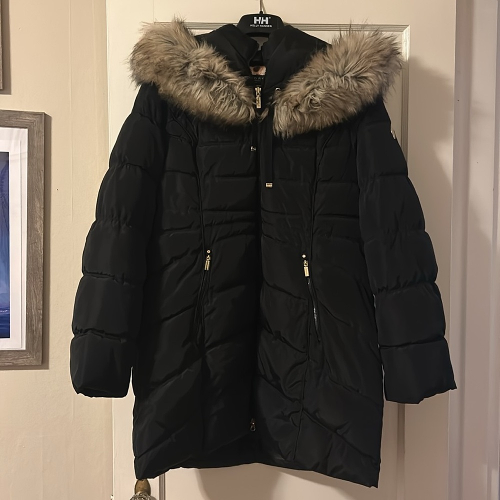 Nordstrom winter coat with faux fur hood, and gold accents EUC